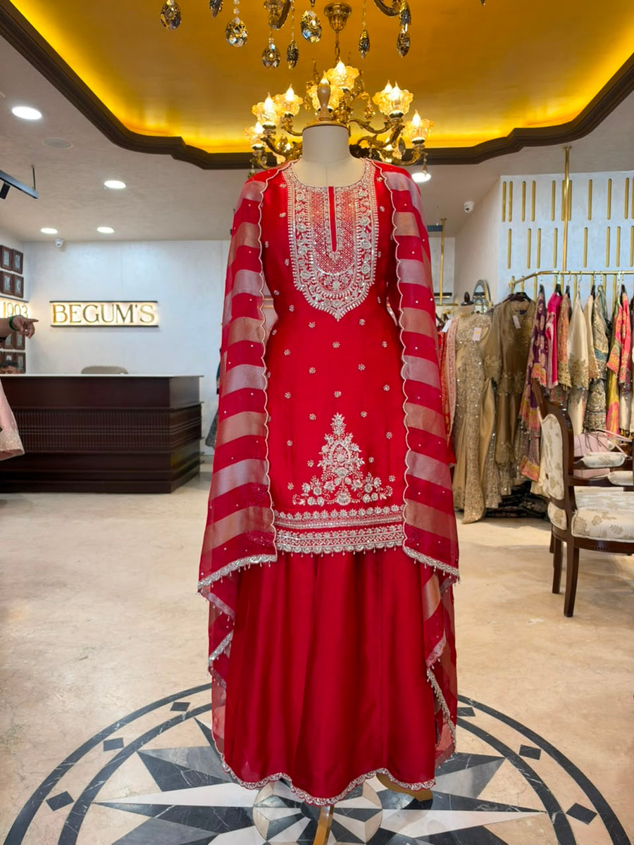 Red Satin Silk Embroidered Sharara Set