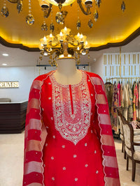 Red Satin Silk Embroidered Sharara Set