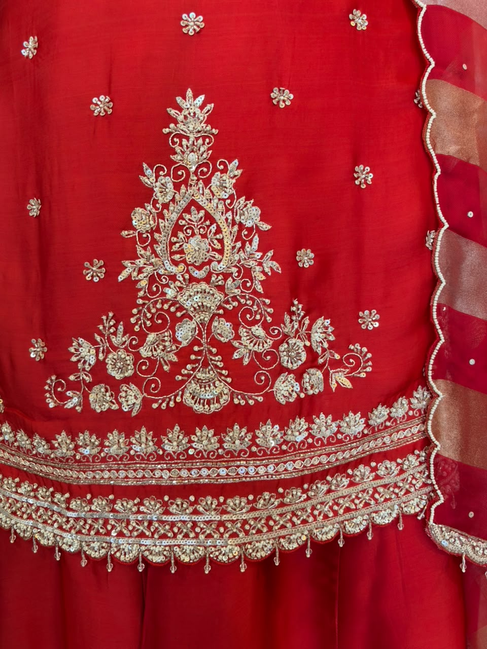 Red Satin Silk Embroidered Sharara Set