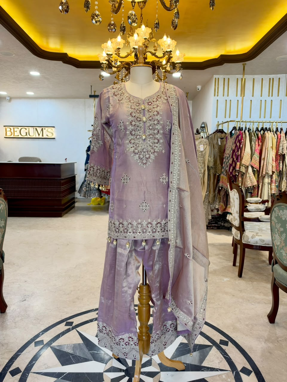 Elegant ensemble is crafted in a beautiful lavender Tissue Silk