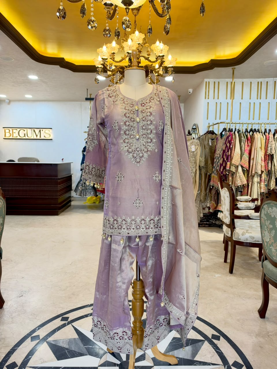 Elegant ensemble is crafted in a beautiful lavender Tissue Silk