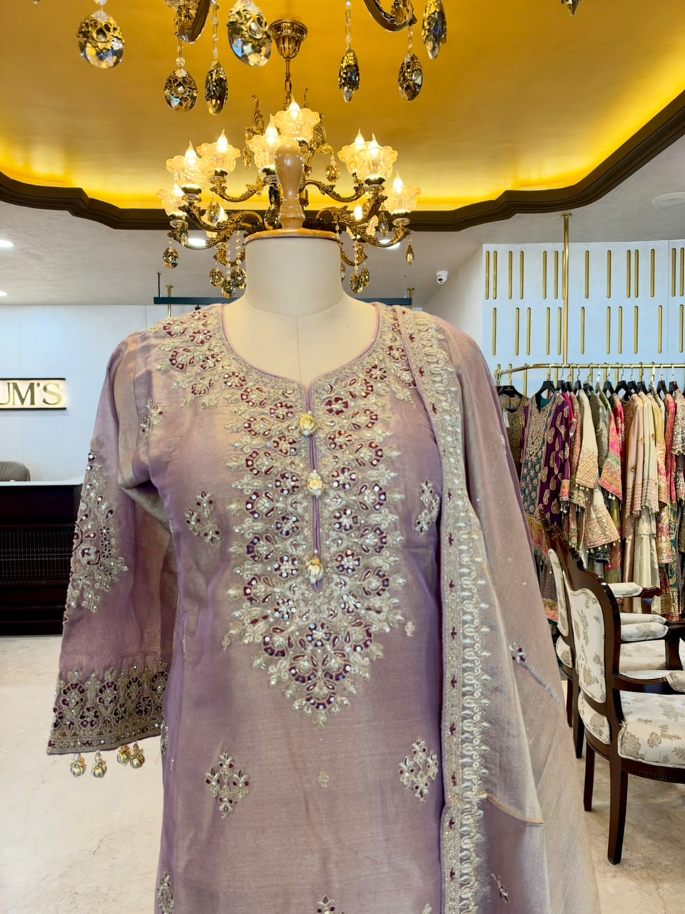 Elegant ensemble is crafted in a beautiful lavender Tissue Silk