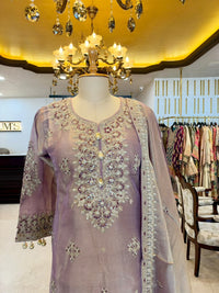 Elegant ensemble is crafted in a beautiful lavender Tissue Silk