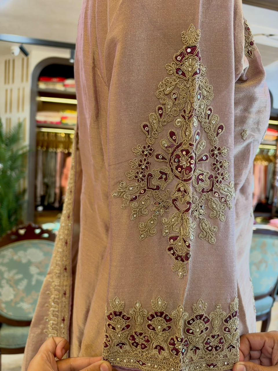 Elegant ensemble is crafted in a beautiful lavender Tissue Silk