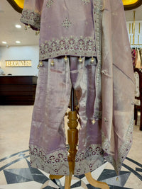 Elegant ensemble is crafted in a beautiful lavender Tissue Silk
