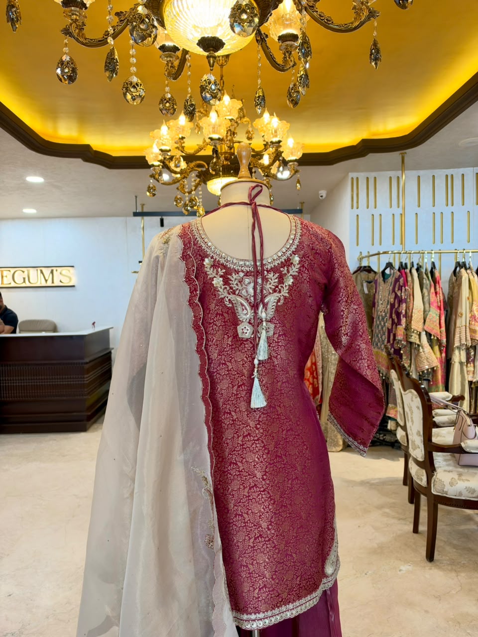 Wine Tissue Silk Embroidered Sharara Set