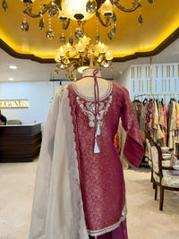 Wine Tissue Silk Embroidered Sharara Set