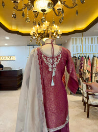 Wine Tissue Silk Embroidered Sharara Set