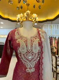 Wine Tissue Silk Embroidered Sharara Set