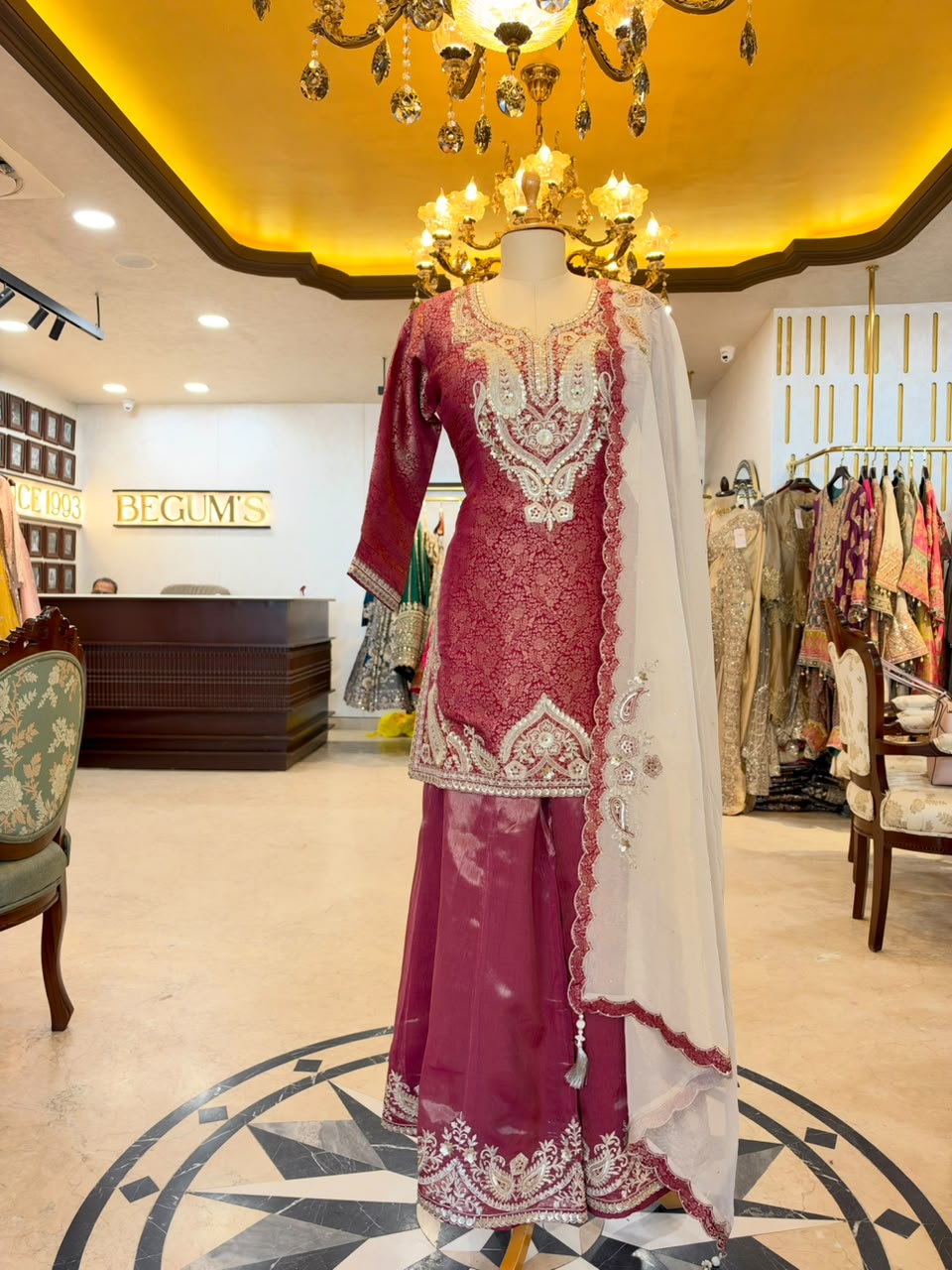 Wine Tissue Silk Embroidered Sharara Set