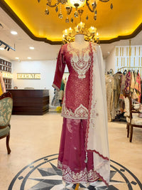 Wine Tissue Silk Embroidered Sharara Set