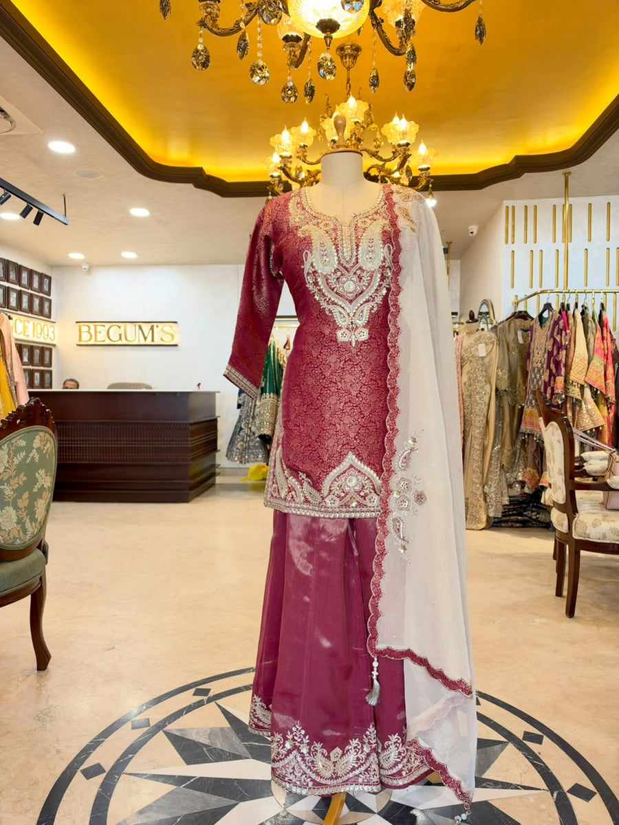 Wine Tissue Silk Embroidered Sharara Set