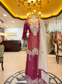 Wine Tissue Silk Embroidered Sharara Set