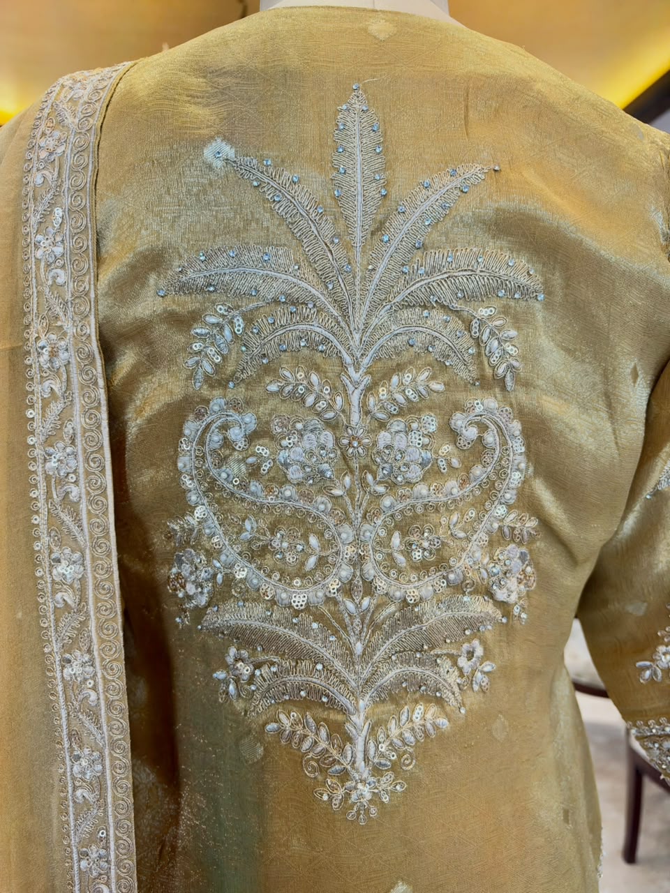 Champagne Gold Tissue Silk Embroidered Sharara Set