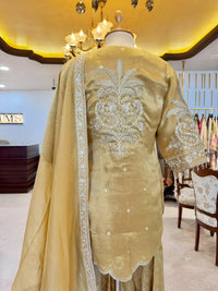 Champagne Gold Tissue Silk Embroidered Sharara Set