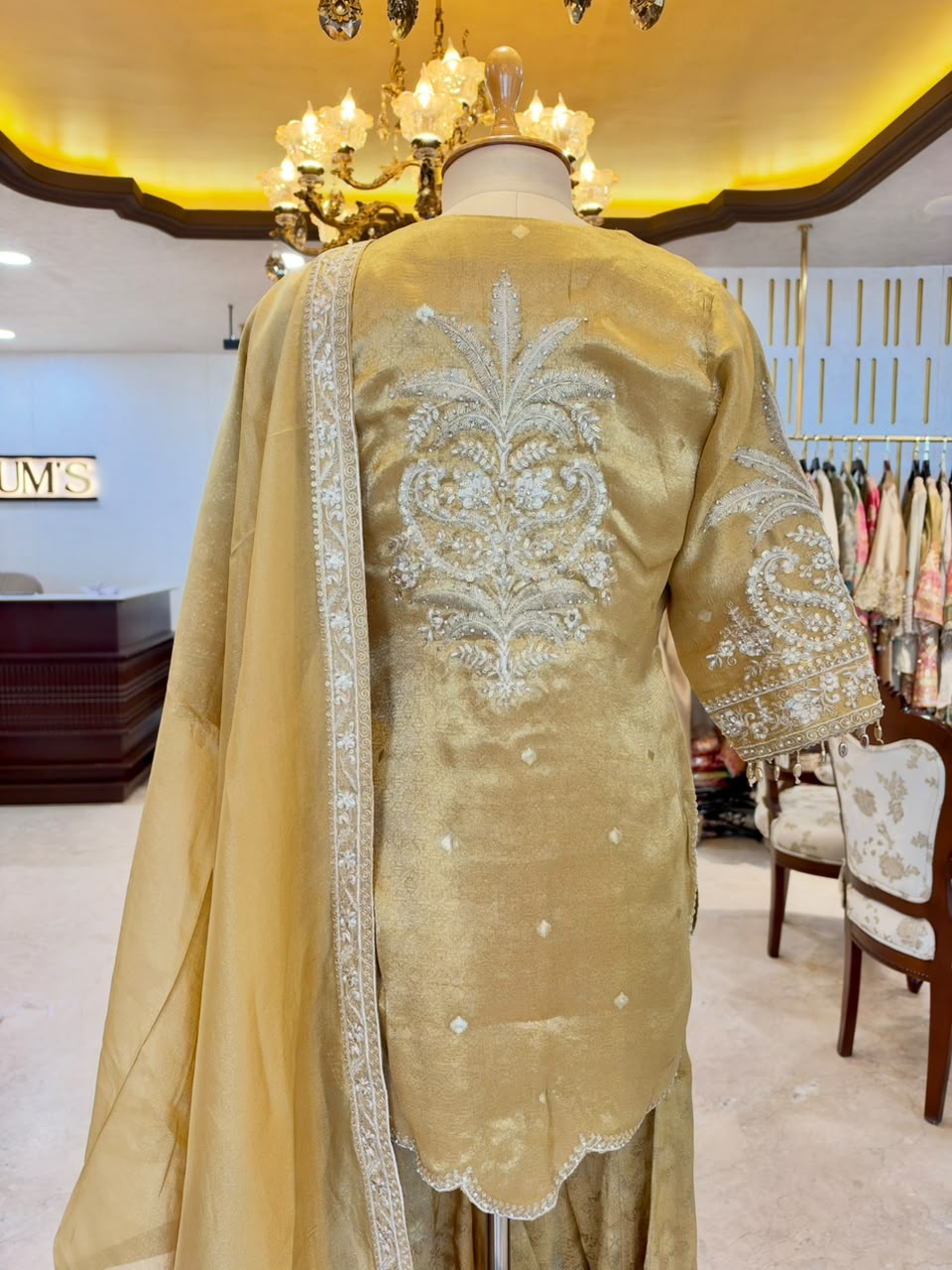 Champagne Gold Tissue Silk Embroidered Sharara Set