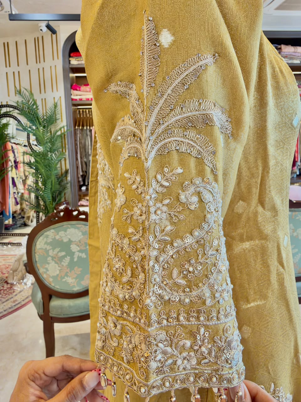 Champagne Gold Tissue Silk Embroidered Sharara Set