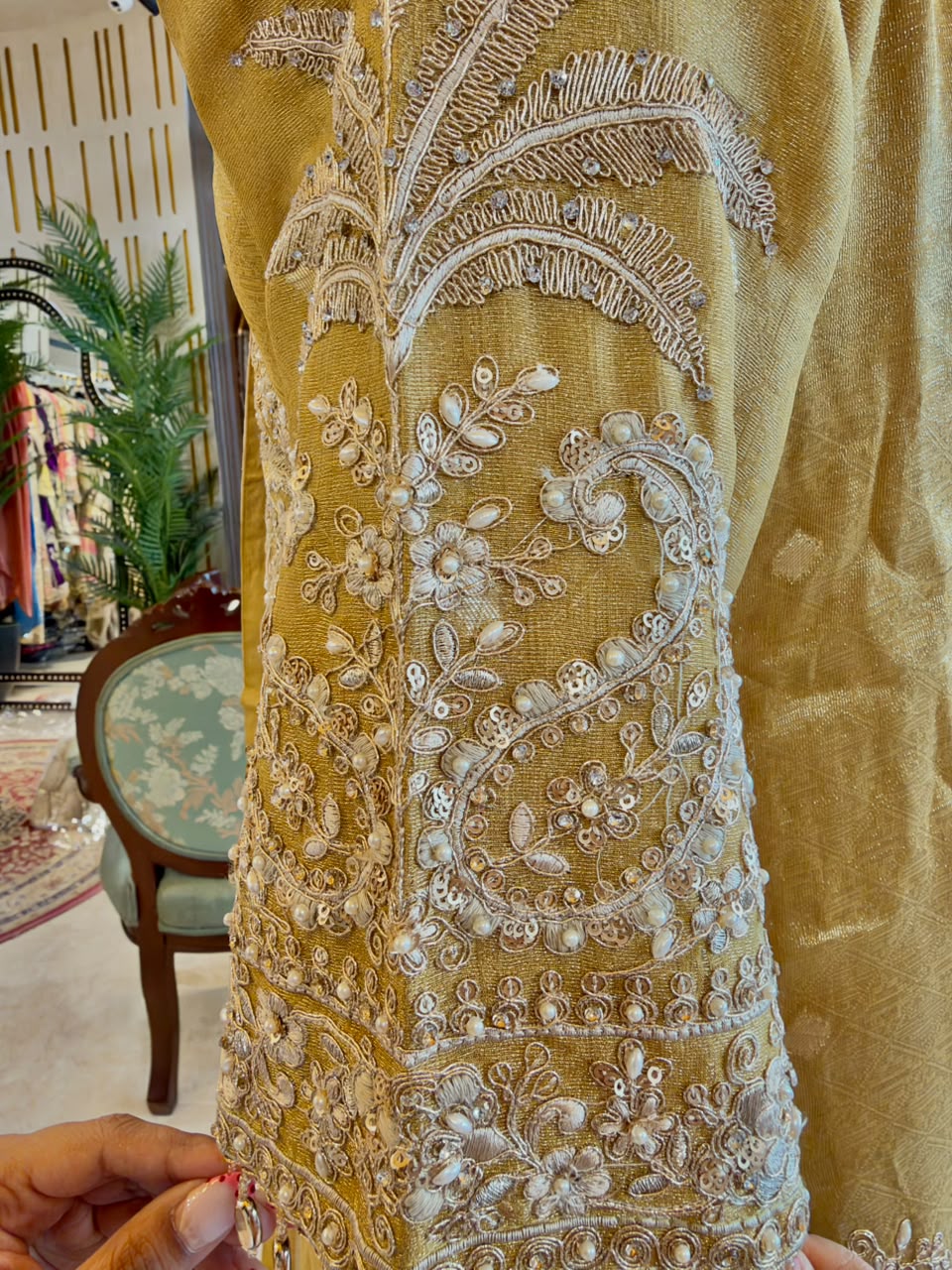 Champagne Gold Tissue Silk Embroidered Sharara Set