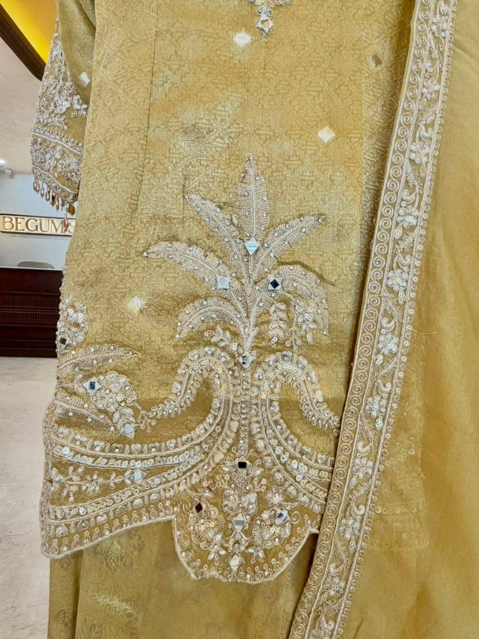 Champagne Gold Tissue Silk Embroidered Sharara Set