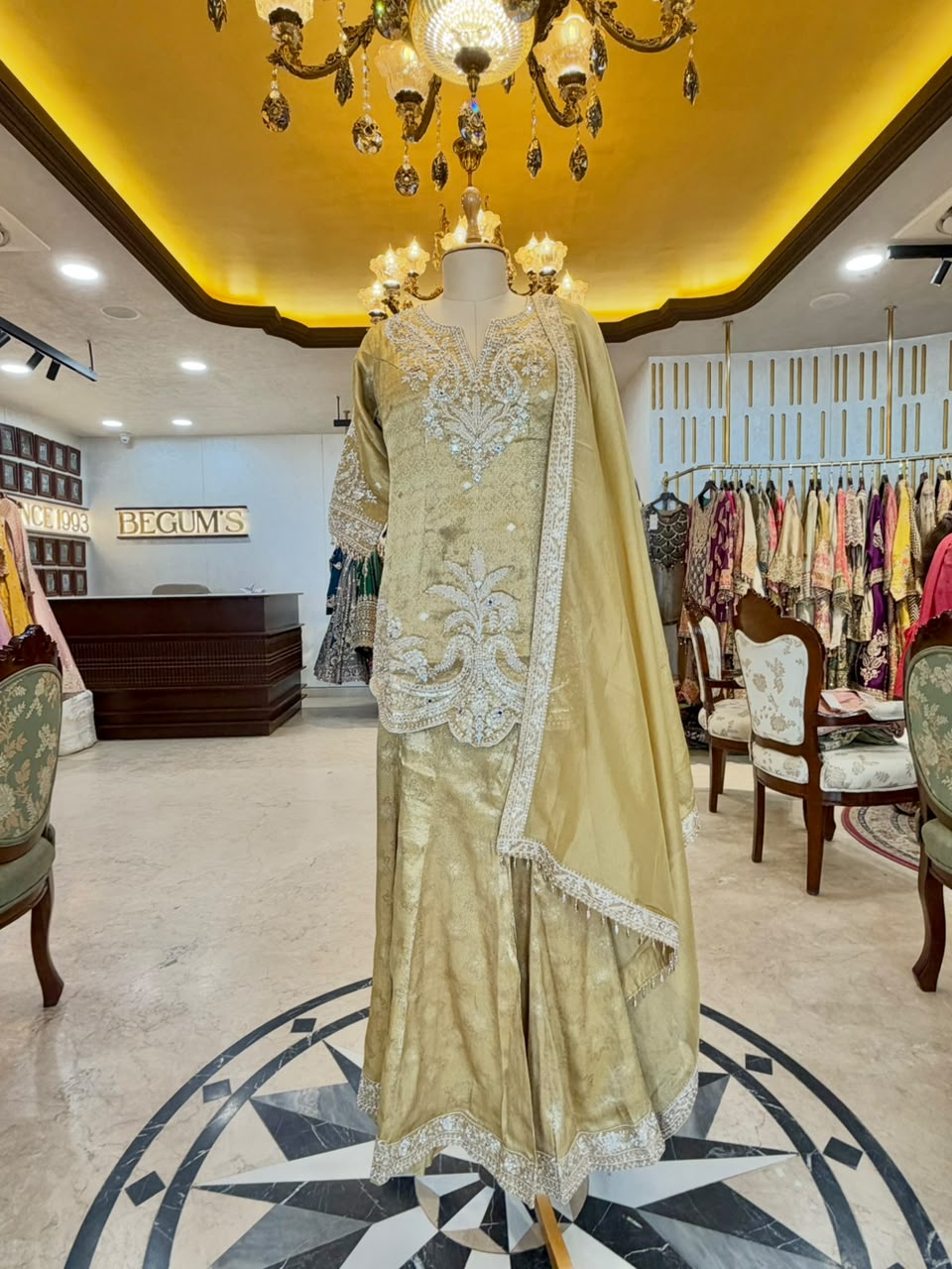Champagne Gold Tissue Silk Embroidered Sharara Set