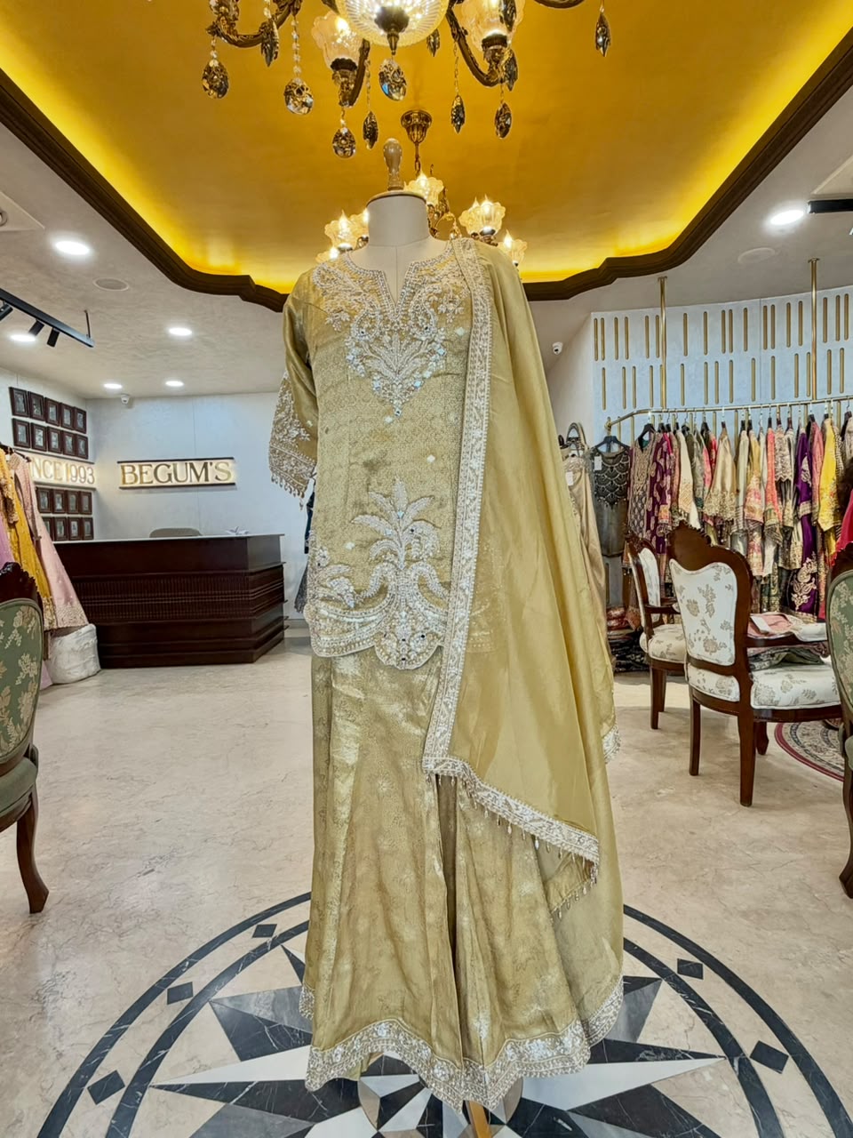 Champagne Gold Tissue Silk Embroidered Sharara Set