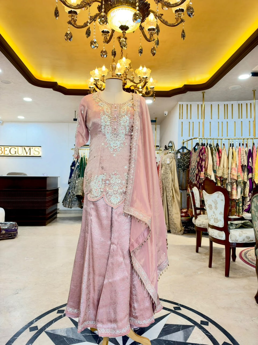 Blush Pink Tissue Silk Embroidered Sharara Set