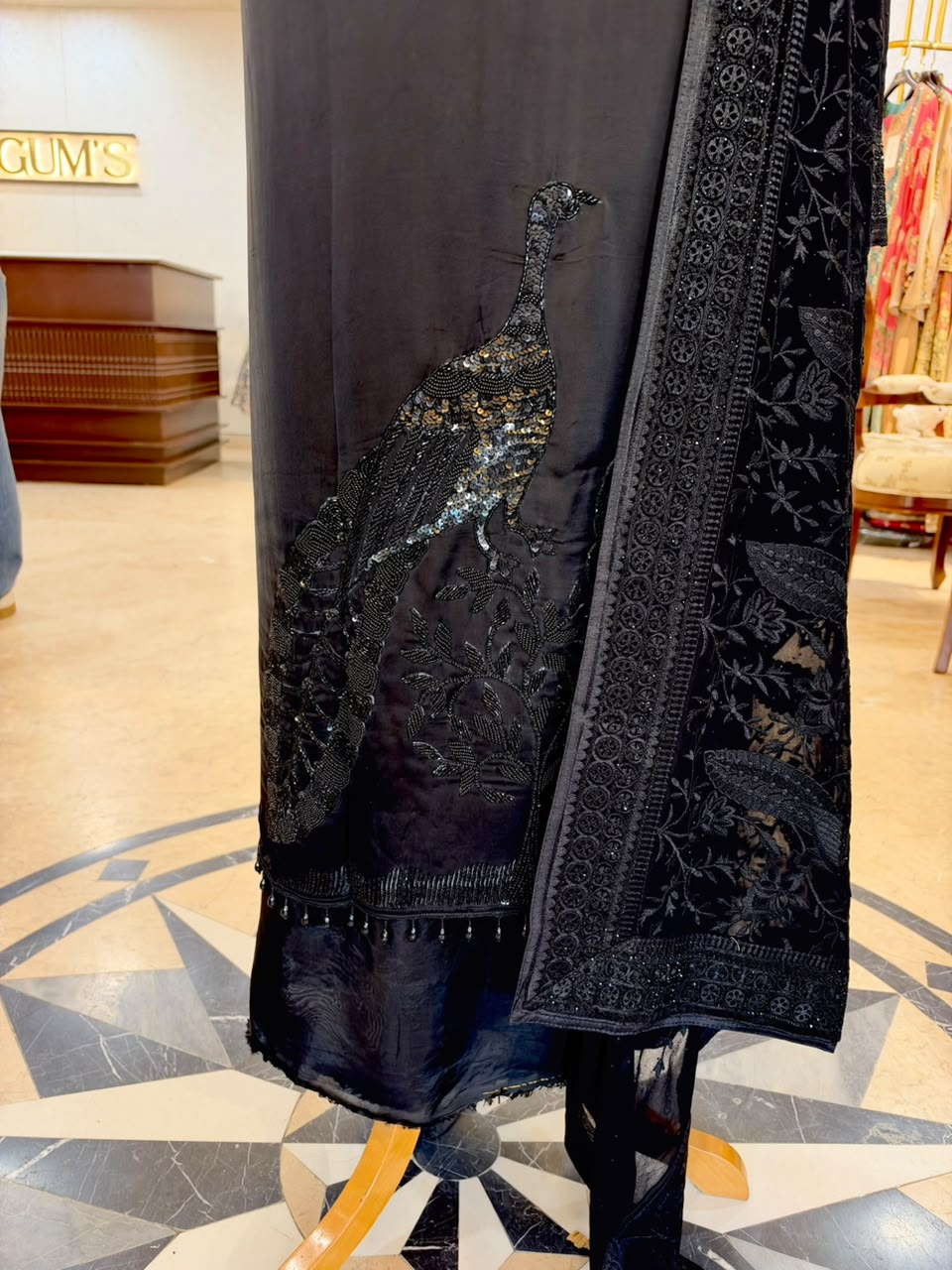 Jet Black Satin Organza Embroidered Kurta Set