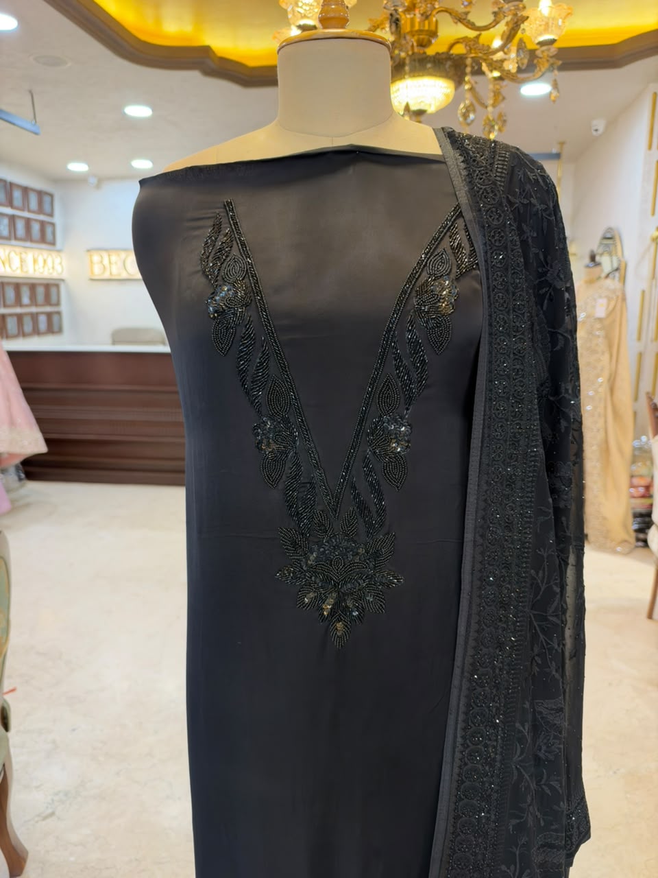 Jet Black Satin Organza Embroidered Kurta Set