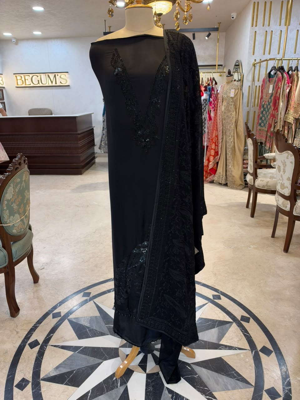 Jet Black Satin Organza Embroidered Kurta Set