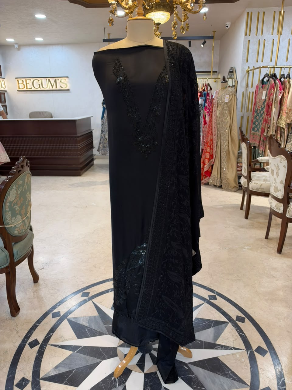 Jet Black Satin Organza Embroidered Kurta Set