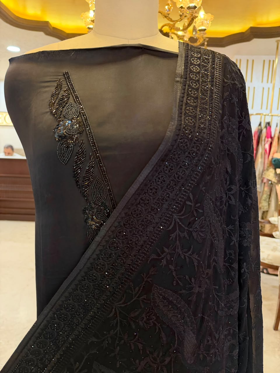 Jet Black Satin Organza Embroidered Kurta Set