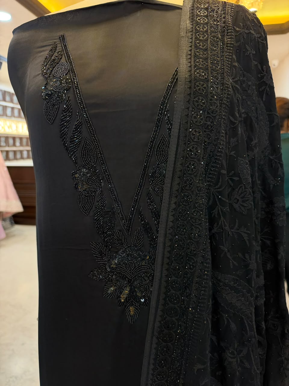 Jet Black Satin Organza Embroidered Kurta Set