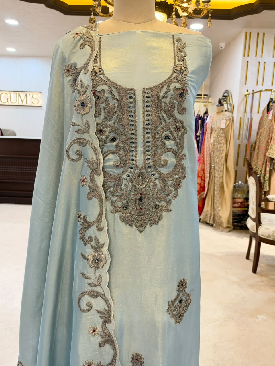 Ice Blue Tissue Silk Embroidered Kurta Set