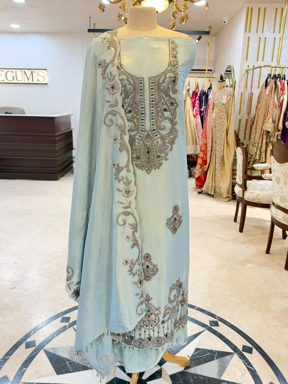 Ice Blue Tissue Silk Embroidered Kurta Set