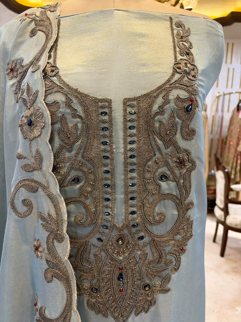Ice Blue Tissue Silk Embroidered Kurta Set