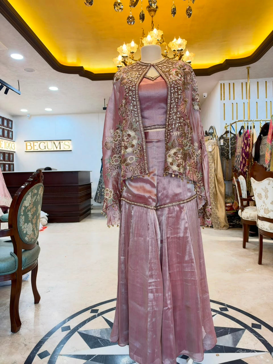 Dusty Rose Embroidered Tissue Silk Jacket Set