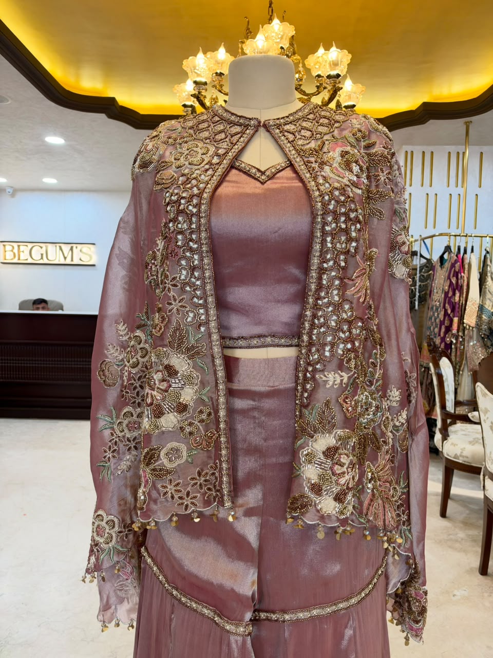 Dusty Rose Embroidered Tissue Silk Jacket Set
