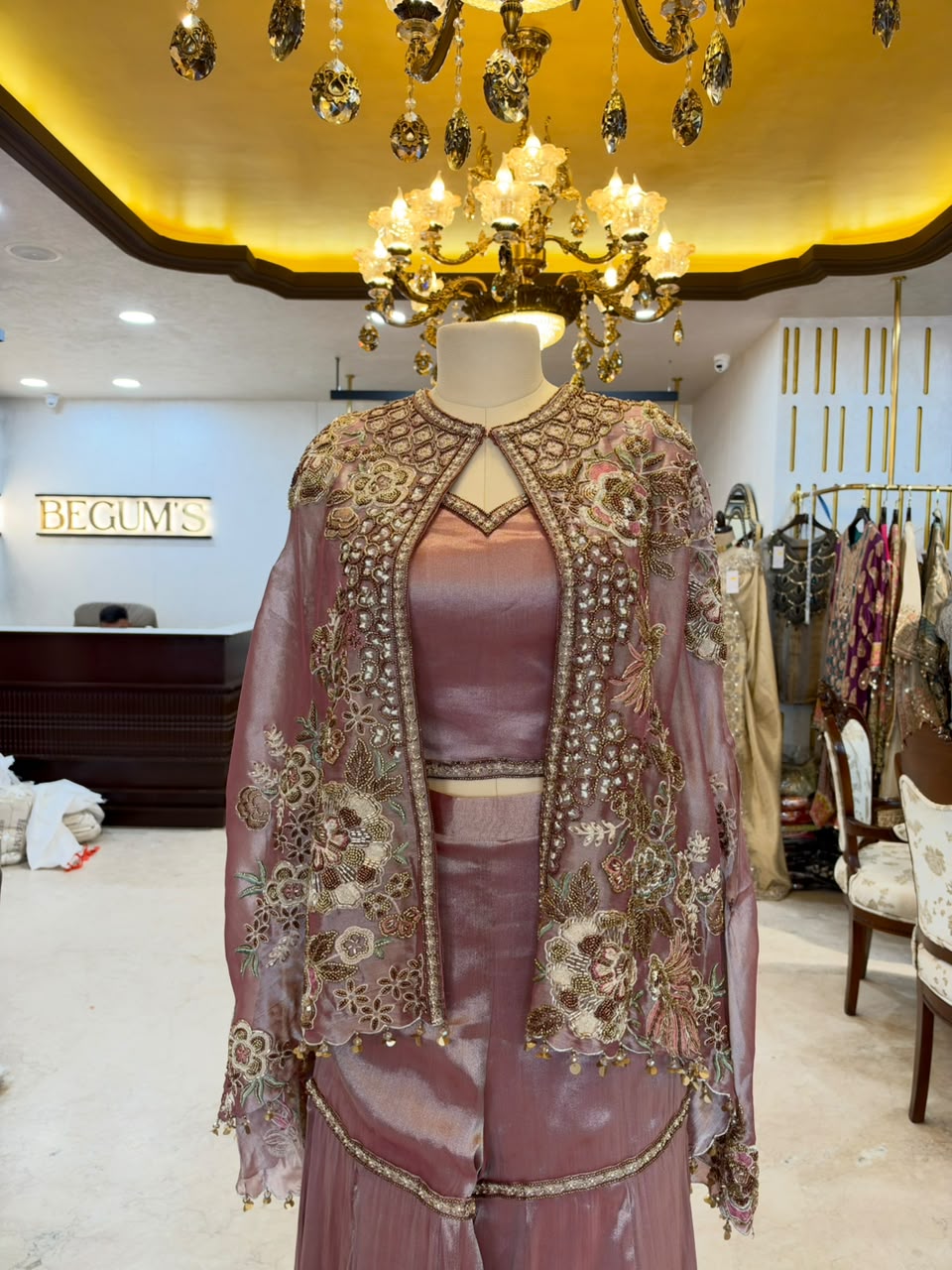 Dusty Rose Embroidered Tissue Silk Jacket Set