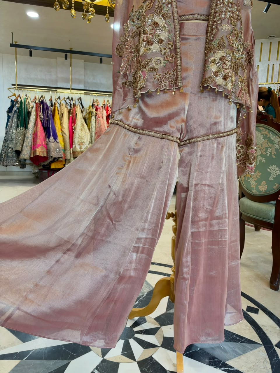 Dusty Rose Embroidered Tissue Silk Jacket Set