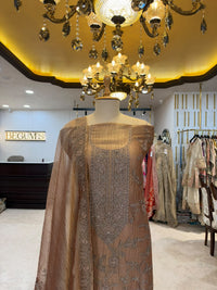 Taupe Brown & Dusty Rose Embroidered Silk Kurta Set with Dupatta