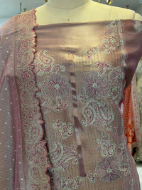 Dusty Rose Embroidered Tissue Silk Kurta Set with Scalloped Dupatta