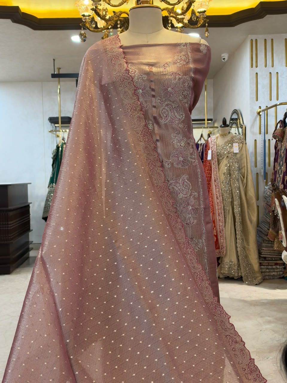 Dusty Rose Embroidered Tissue Silk Kurta Set with Scalloped Dupatta