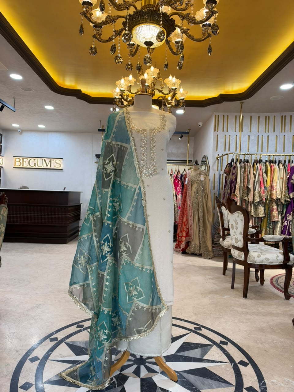 Ivory White & Teal Blue Embroidered Tissue Silk Kurta Set with Dupatta