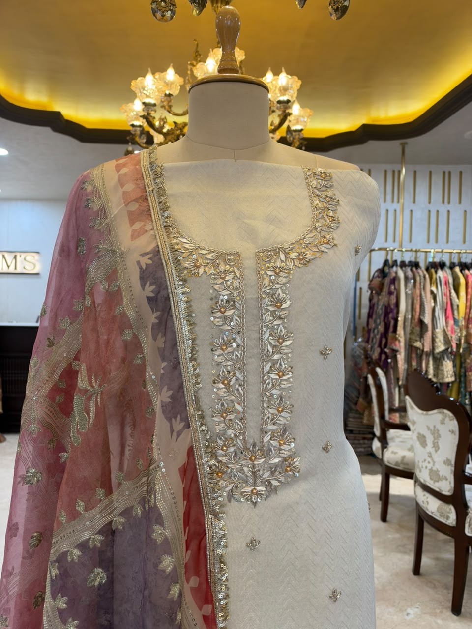 Ivory White & Multicolour Embroidered Tissue Silk Kurta Set with Dupatta