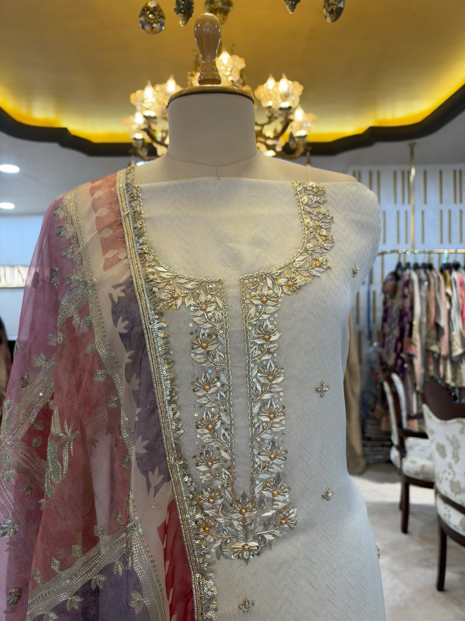 Ivory White & Multicolour Embroidered Tissue Silk Kurta Set with Dupatta