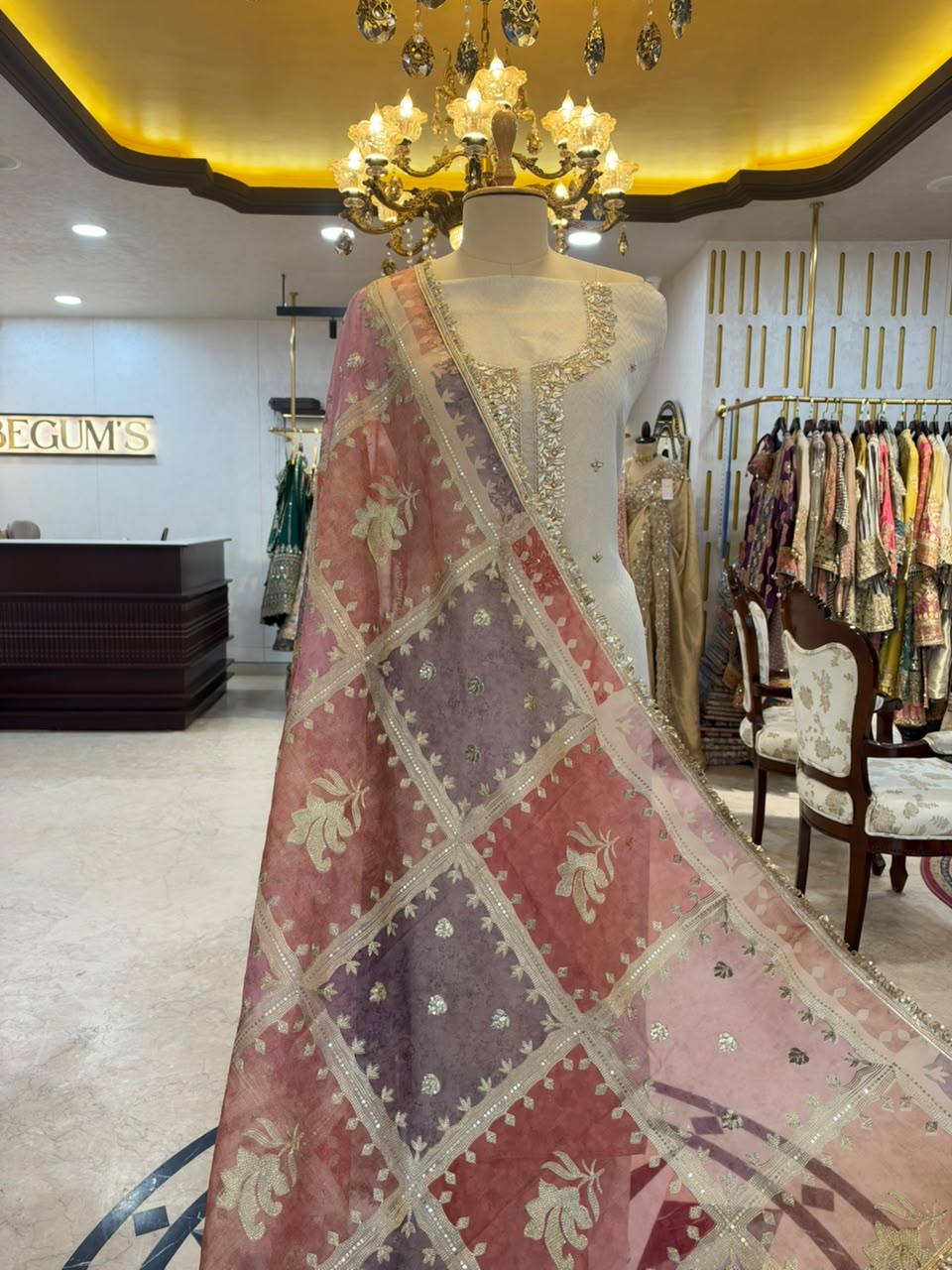 Ivory White & Multicolour Embroidered Tissue Silk Kurta Set with Dupatta