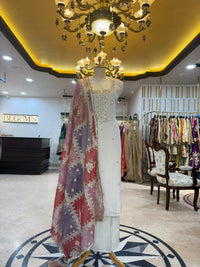 Ivory White & Multicolour Embroidered Tissue Silk Kurta Set with Dupatta