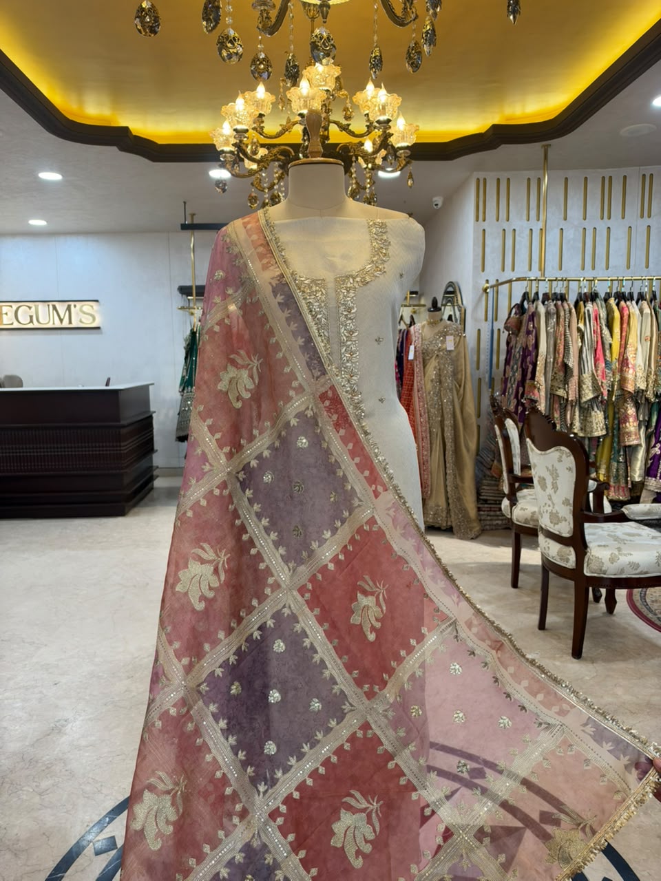 Ivory White & Multicolour Embroidered Tissue Silk Kurta Set with Dupatta