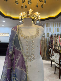 Ivory White & Purple Embroidered Tissue Silk Kurta Set with Lavender Dupatta