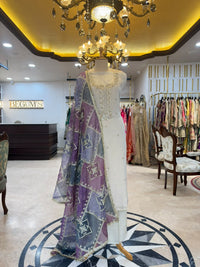 Ivory White & Purple Embroidered Tissue Silk Kurta Set with Lavender Dupatta